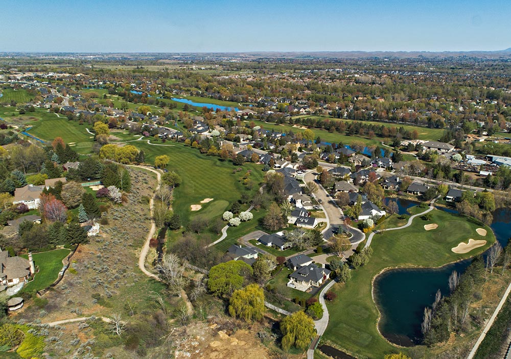 Drone aerial view of a golf course in Eagle, Idaho surrounded by